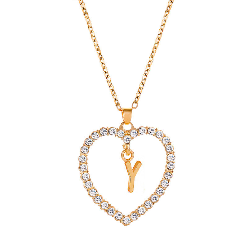Womens Stylish & Minimalist Diamond-Encrusted 26-Letter Heart Pendant Necklace