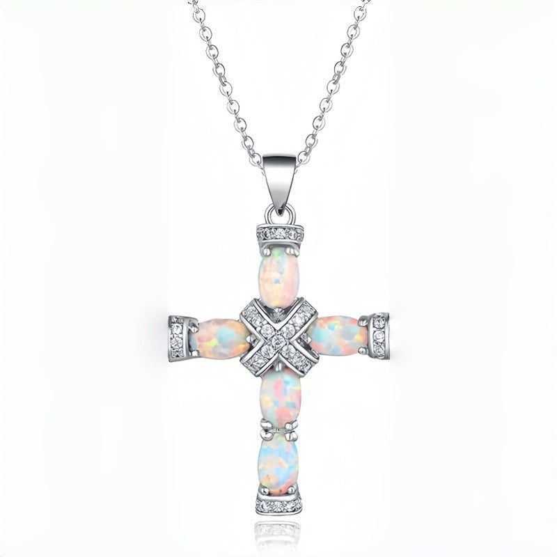 Womens Opal-Imitation Cross Pendant Necklace
