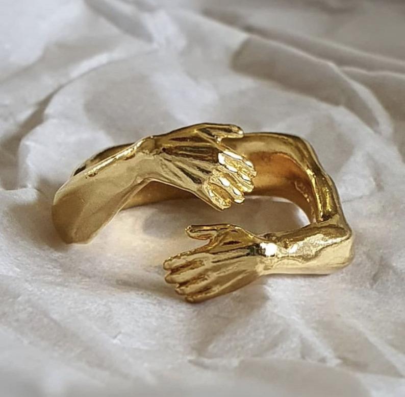 Gold and Silver Ring Simple And Creative Love Hands Embracing Ring