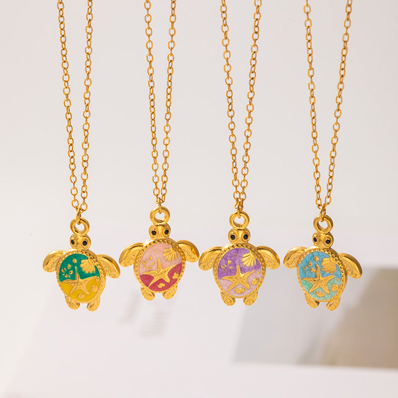 Womens Painted Pentagram Turtle Pendant Necklace