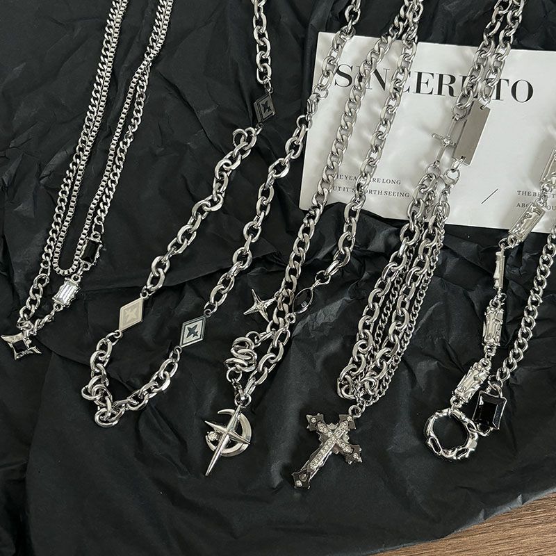 Mangxing Cross Necklace Set Edgy Hip-Hop Style