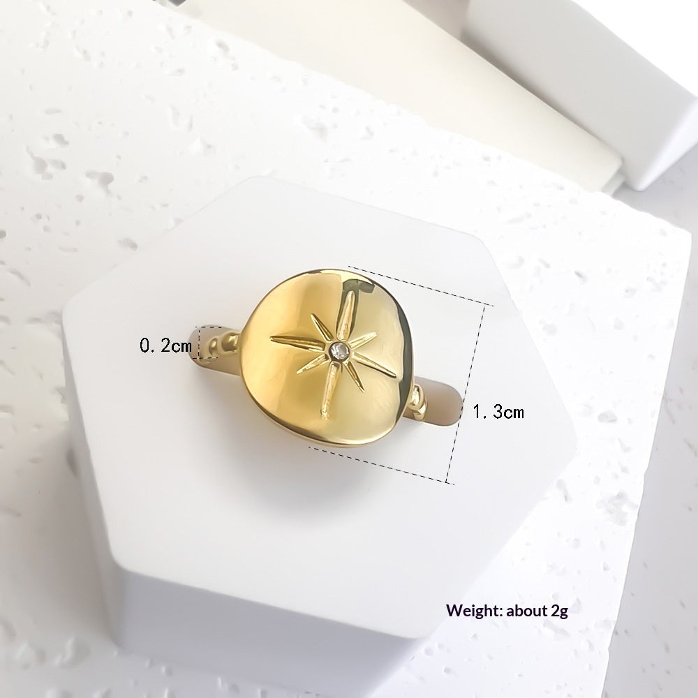 Sun Pattern Octagonal Star Diamond-Encrusted Stainless Steel Ring