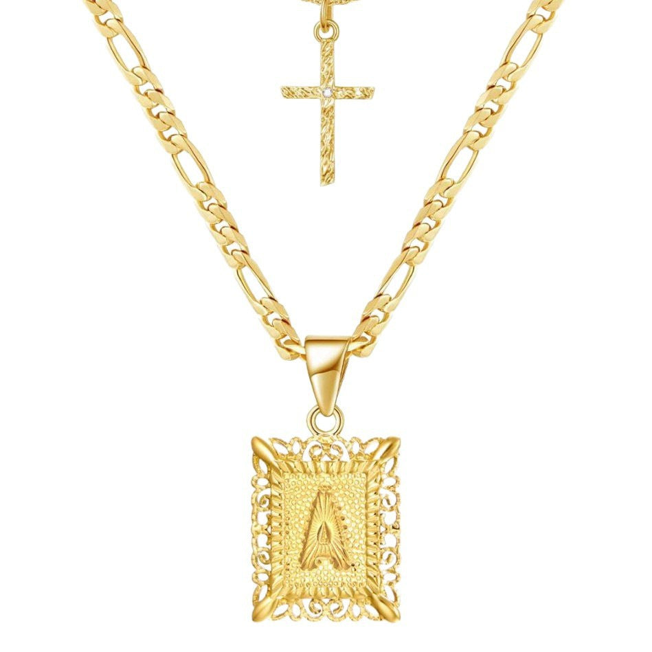 Womens Double-Layer Letter Square Cross Pendant Necklace