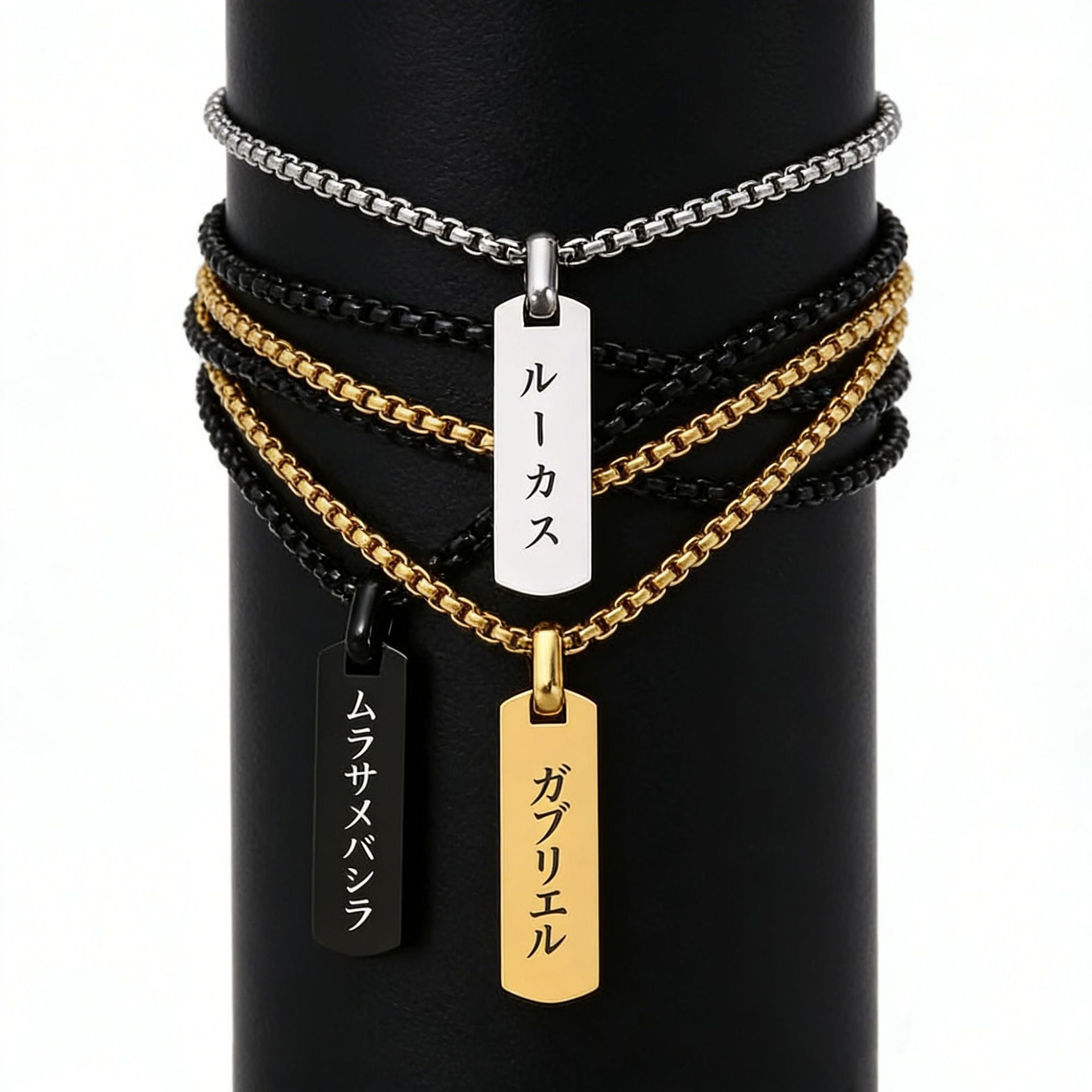 18k Gold Stainless Steel Engraved Three-dimensional Rectangular Bar Pendant Necklace