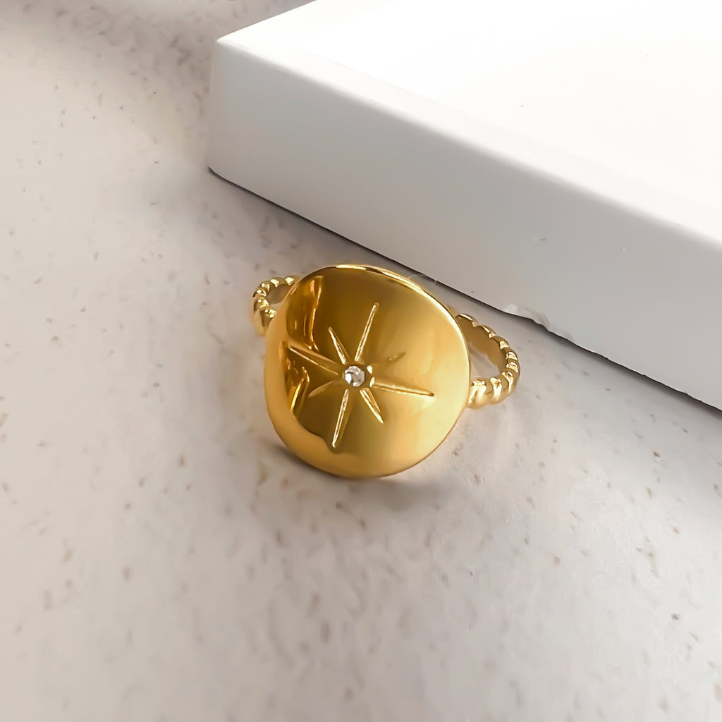 Sun Pattern Octagonal Star Diamond-Encrusted Stainless Steel Ring