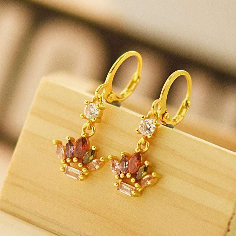 18k Gold-plated Crown Earrings With Colored Gemstones