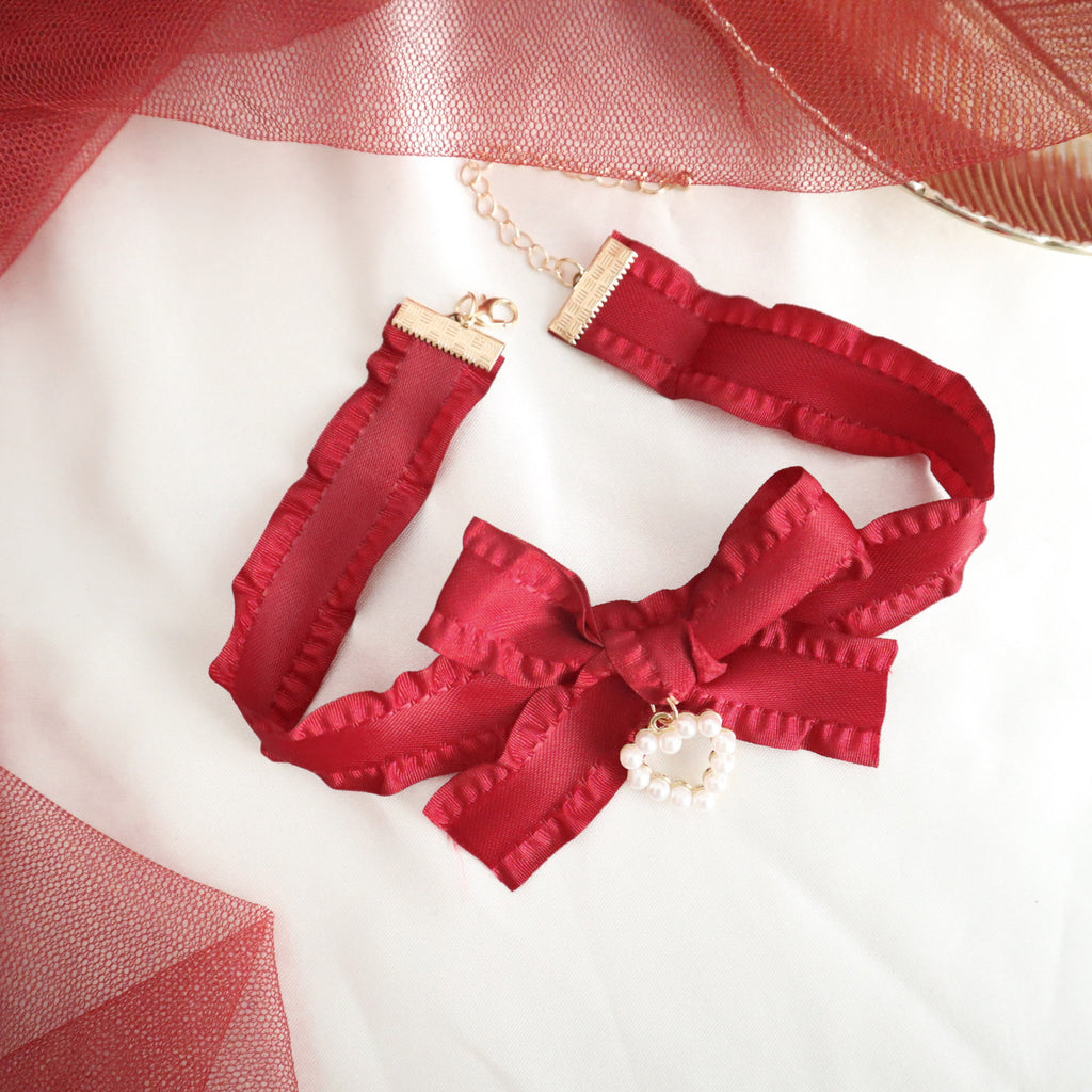 New Christmas Necklace With Burgundy Ribbon And Heart Design