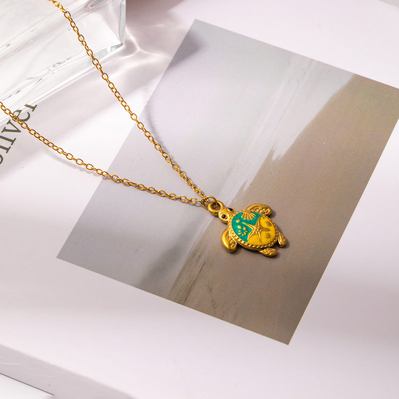 Womens Painted Pentagram Turtle Pendant Necklace