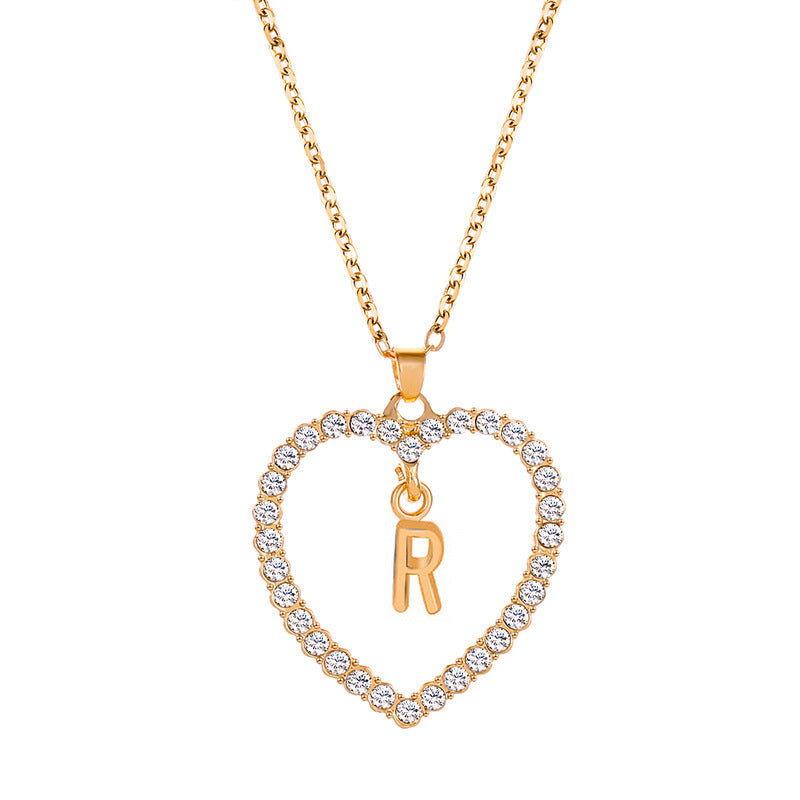 Womens Stylish & Minimalist Diamond-Encrusted 26-Letter Heart Pendant Necklace