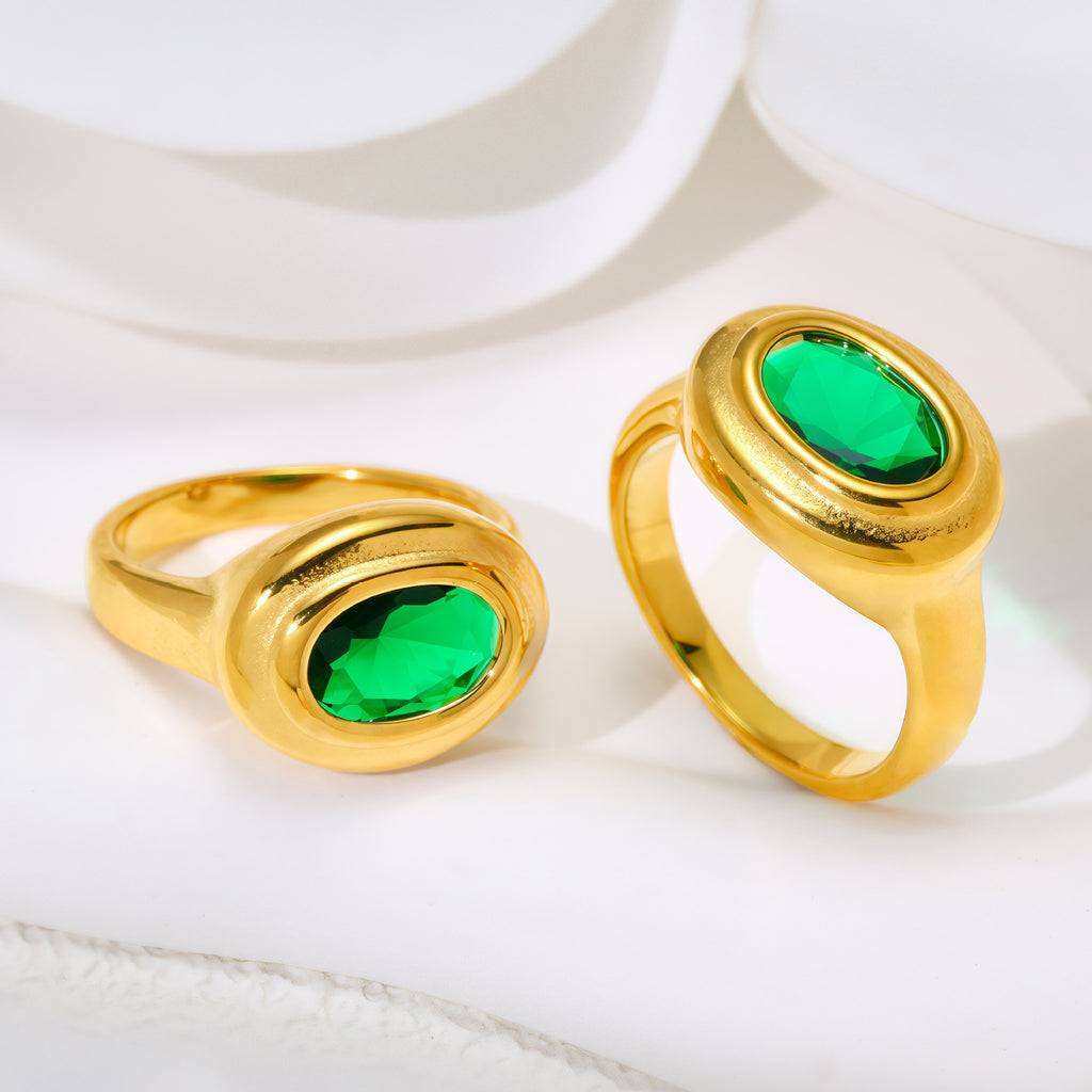 Retro Oval Green Zircon Titanium Steel Ring