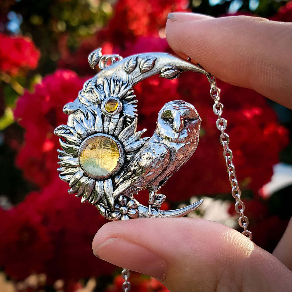 Moon Sun Flower Owl And Gemstone Pendant Necklace