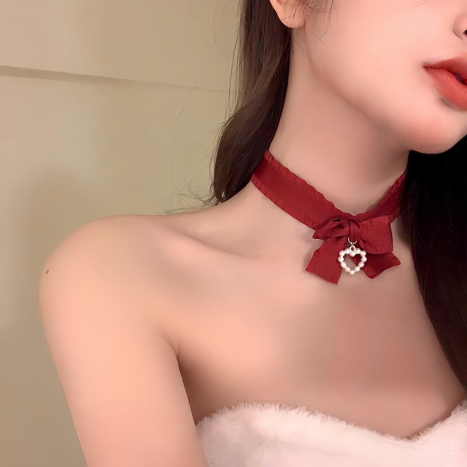 New Christmas Necklace With Burgundy Ribbon And Heart Design