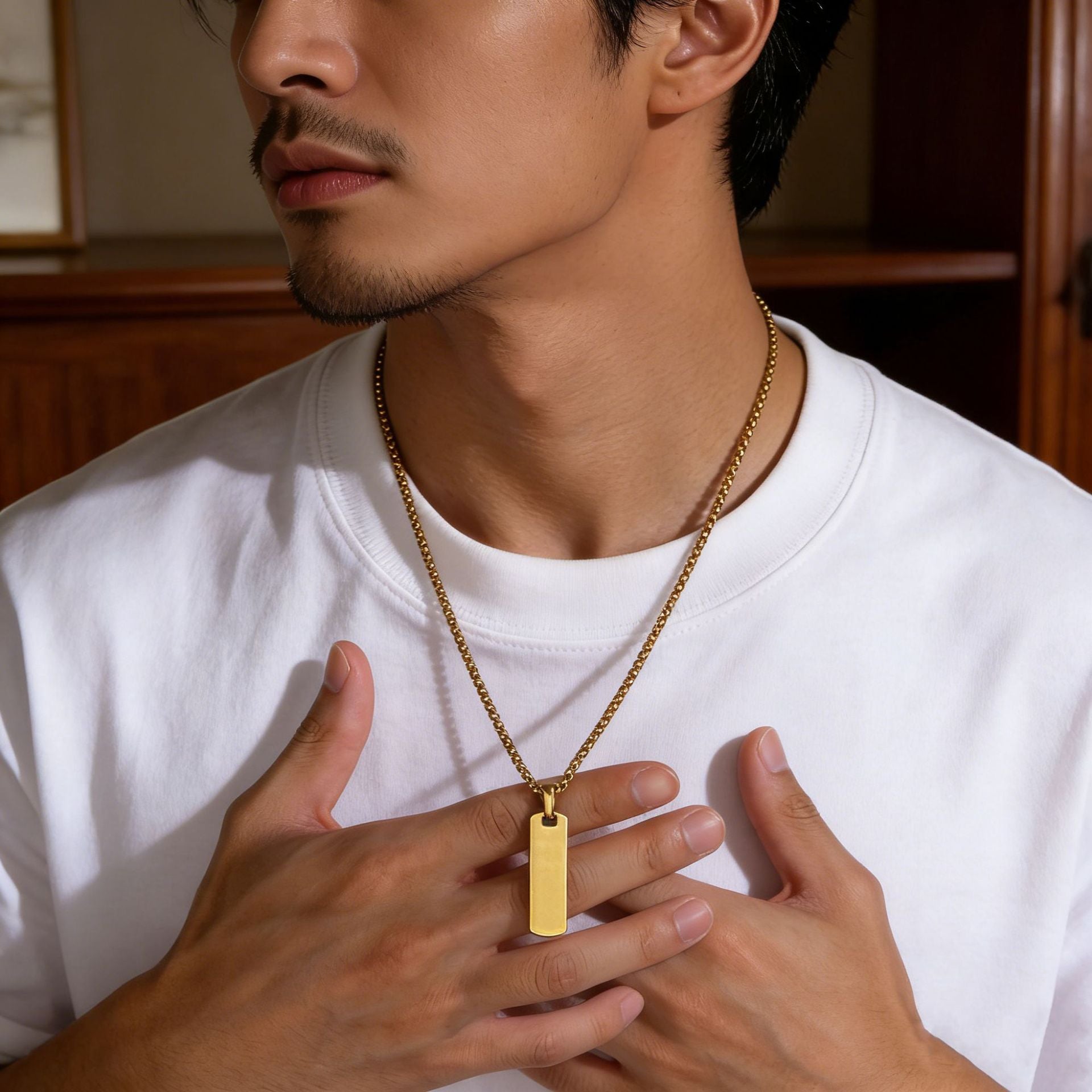 18k Gold Stainless Steel Engraved Three-dimensional Rectangular Bar Pendant Necklace