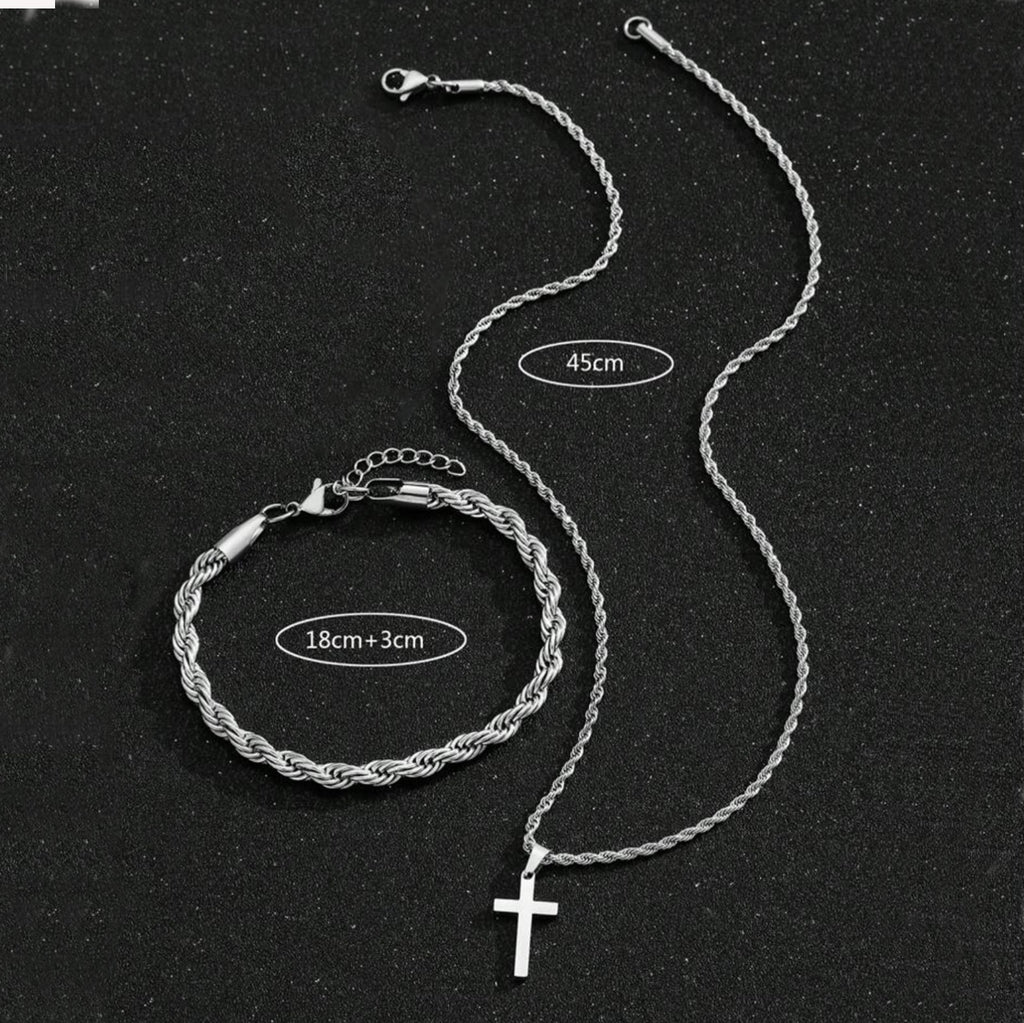 Two-piece Cuban-hair Twist Chain Cross Pendant Bracelet