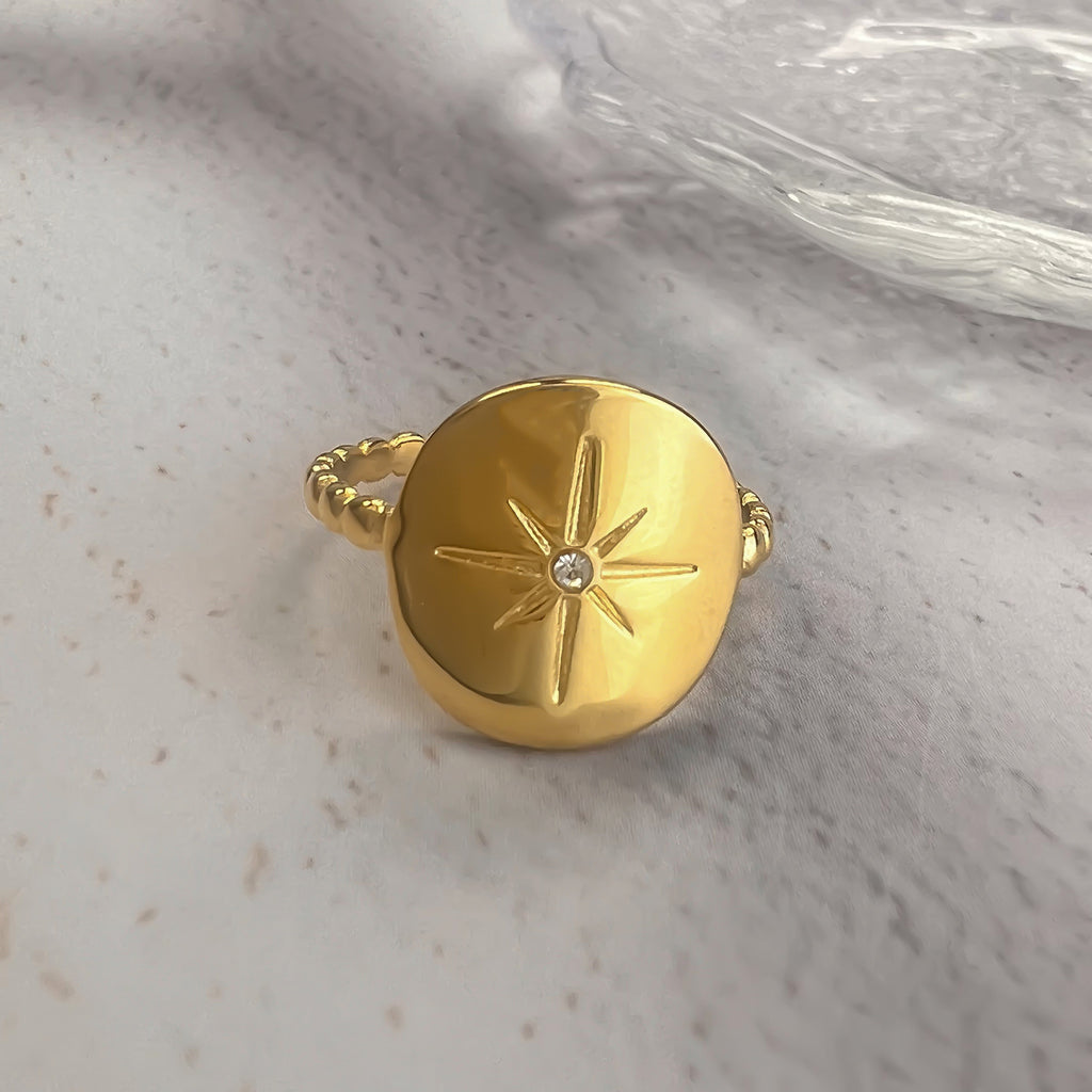 Sun Pattern Octagonal Star Diamond-Encrusted Stainless Steel Ring