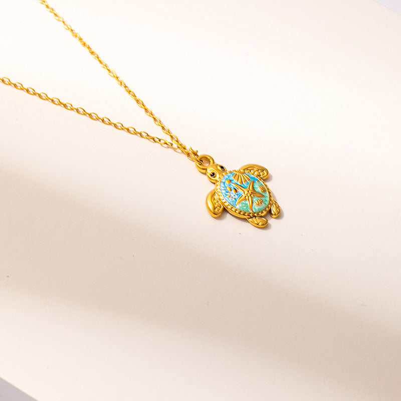 Womens Painted Pentagram Turtle Pendant Necklace