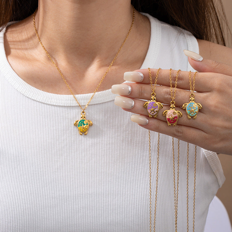 Womens Painted Pentagram Turtle Pendant Necklace