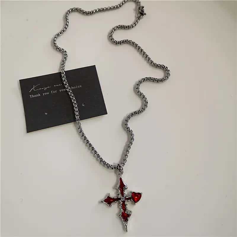 Red Heart Thorn Cross Necklace Hip-Hop Punk Style
