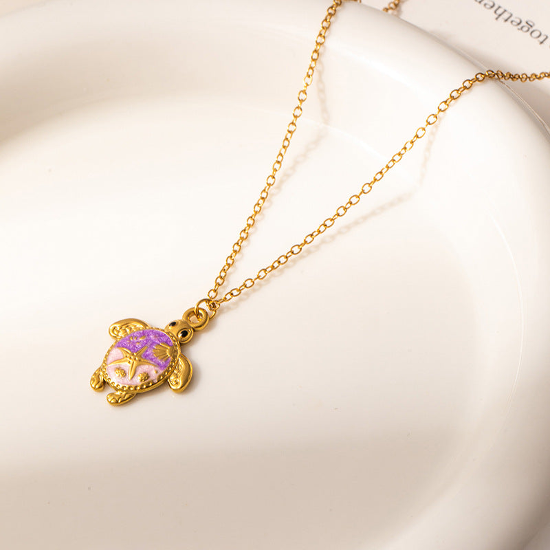 Womens Painted Pentagram Turtle Pendant Necklace