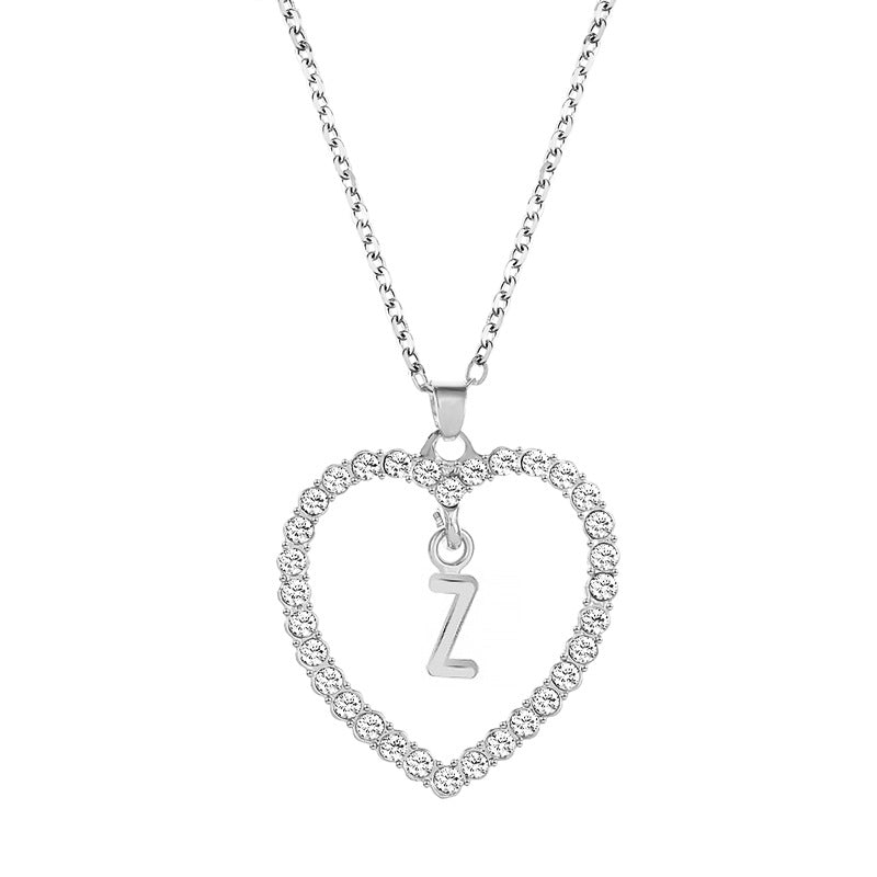 Womens Stylish & Minimalist Diamond-Encrusted 26-Letter Heart Pendant Necklace