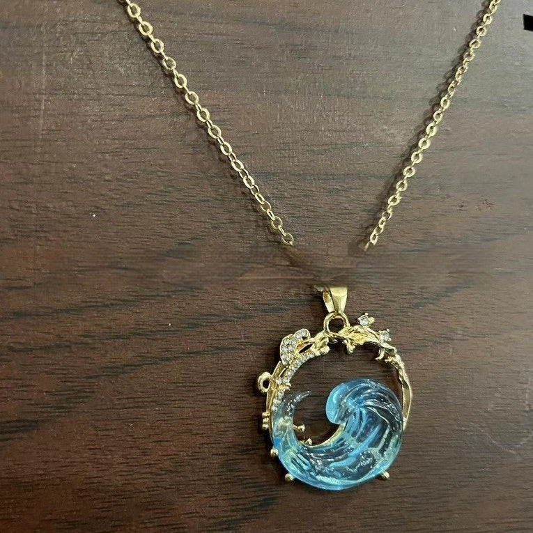 Creative Sky-Blue Wave Resin Wave Necklace